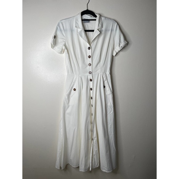 Vintage 90s Rabbit Designs White Tortoiseshell Button Front Midi Shirt Dress 6 - Picture 15 of 16
